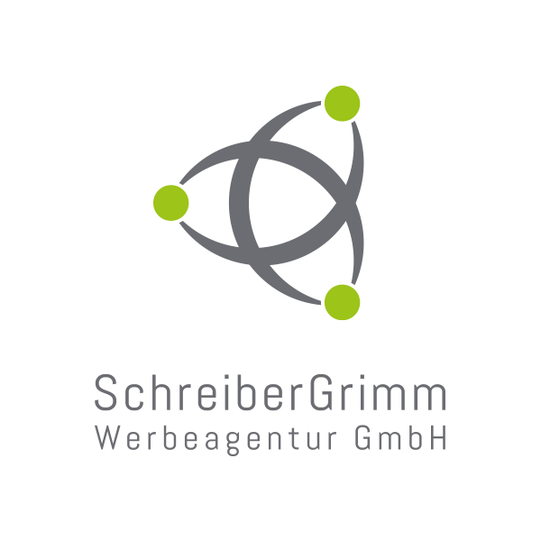 Logo mit drei grünen Punkten und Verbindungen sowie der Schriftzug "SchreiberGrimm Werbeagentur GmbH"