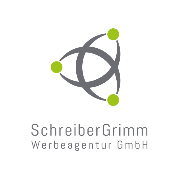 Logo mit drei grünen Punkten und Verbindungen sowie der Schriftzug "SchreiberGrimm Werbeagentur GmbH"